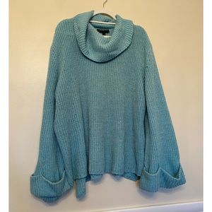 Blue cowl neck flare sleeve sweater